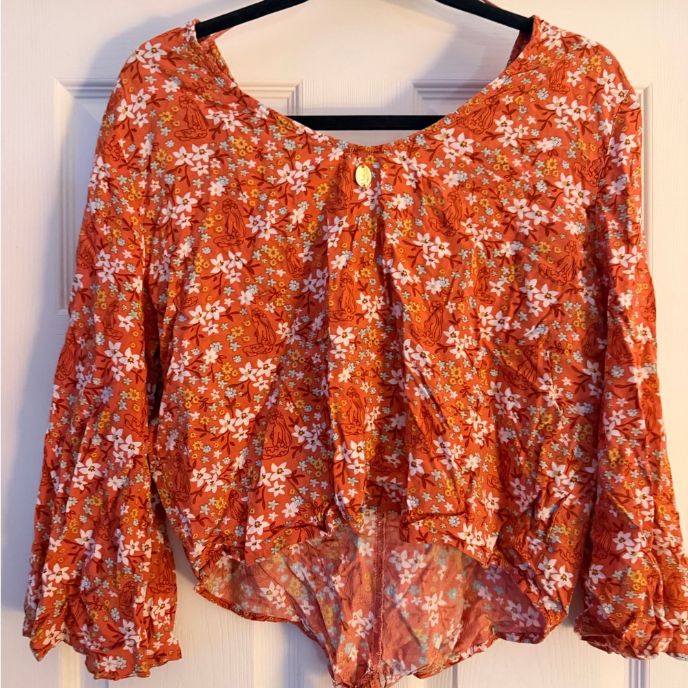 Boho Hinano Floral Orange Scoop-Neck Blouse